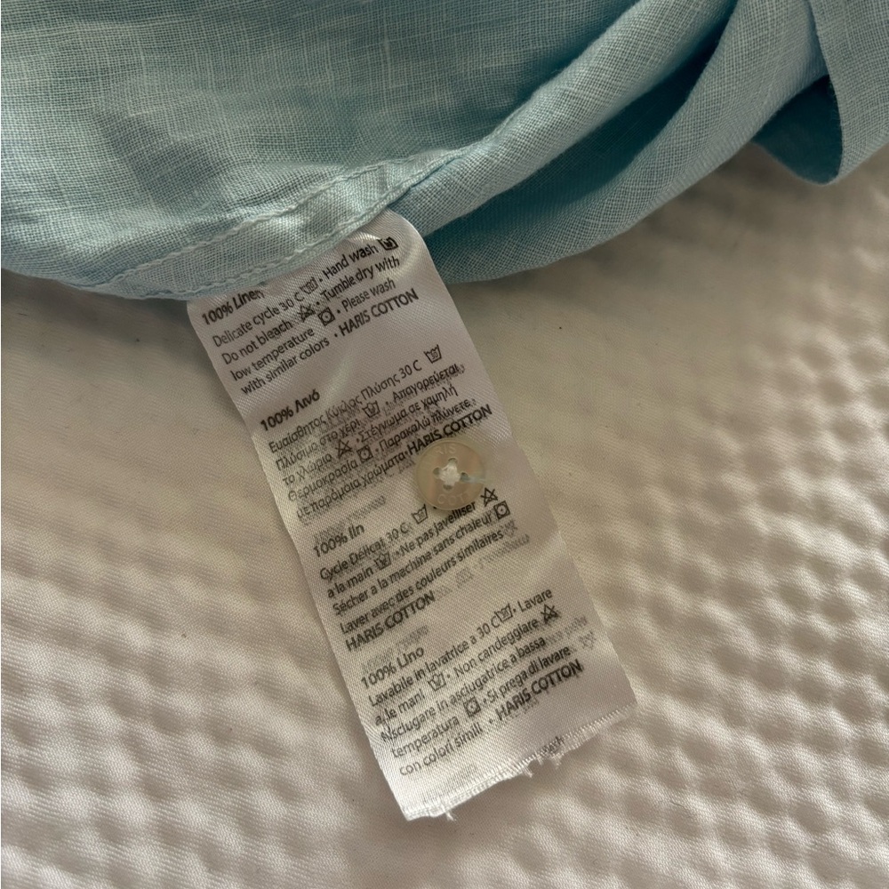 Haris Cotton Baby Blue Linen Gauze Beachy Coastal Boyfriend Style Shirt - Picture 8 of 10
